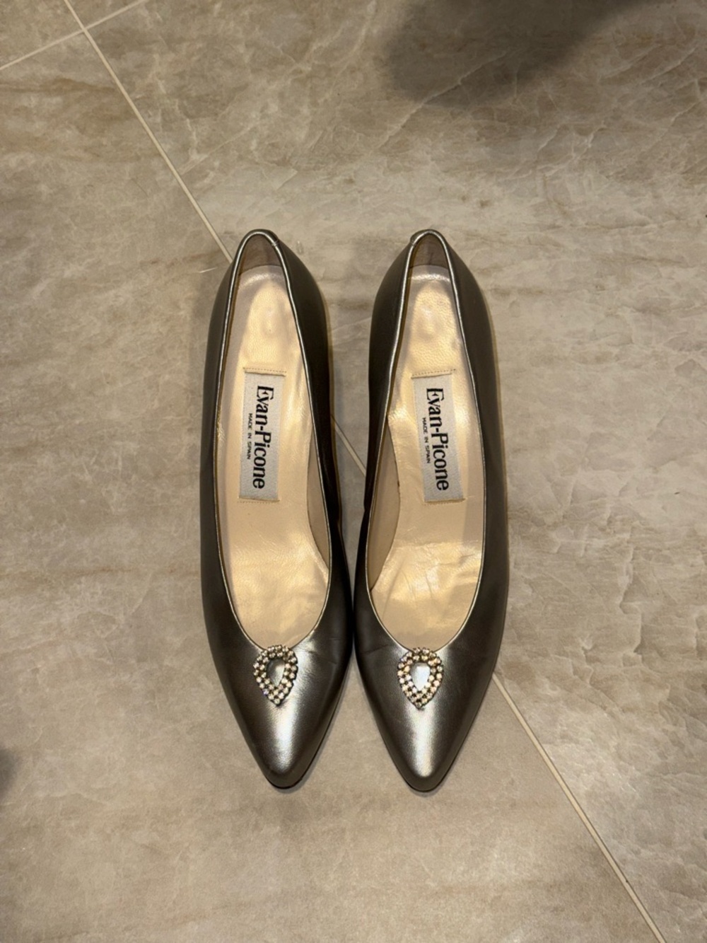 Evan Picone Pewter Pointed Toe Pumps with Jewel Teardrop